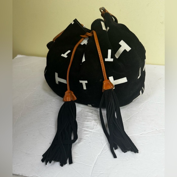 Tod’s T Logo Tassels Bucket Hobo Bag Leather Camel Suede Drawcord Luxury Preppy - Picture 5 of 15